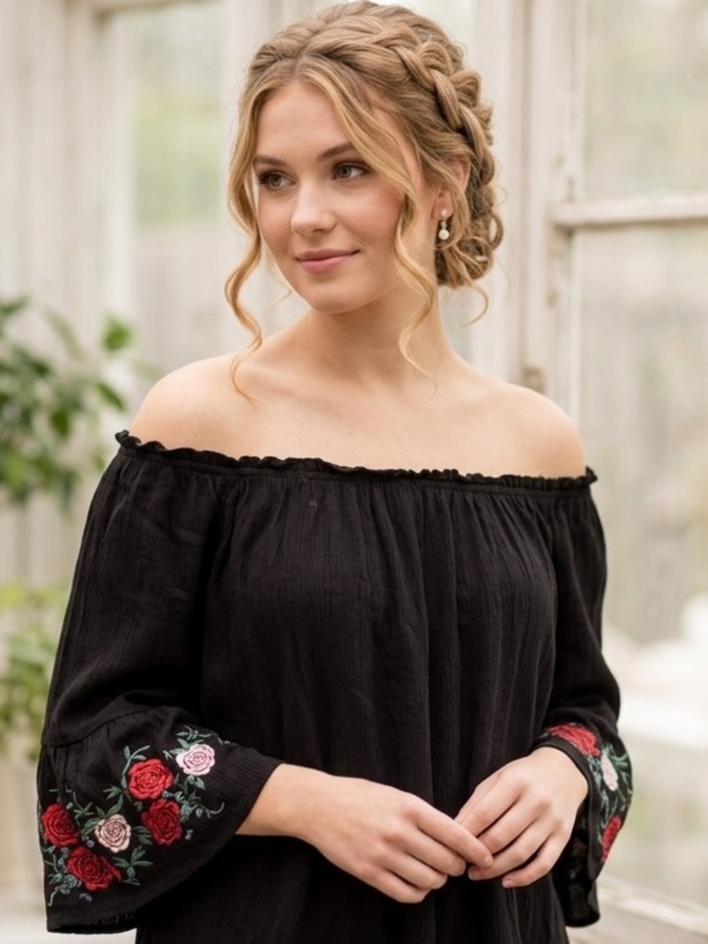 Be Cool Women’s Black Off-the-Shoulder Top with Floral Embroidered Bell Sleeves